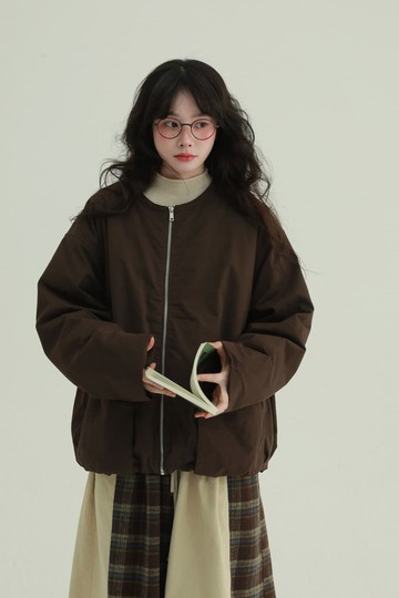 2顔色 熱可可 圓領拉鏈口袋絨羽絨服 短款日式休閒保暖外套