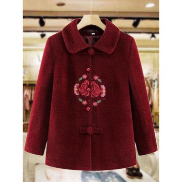 中老年水貂絨外套女繡花時尚洋氣送禮婆婆媽媽中長款秋冬毛呢外套