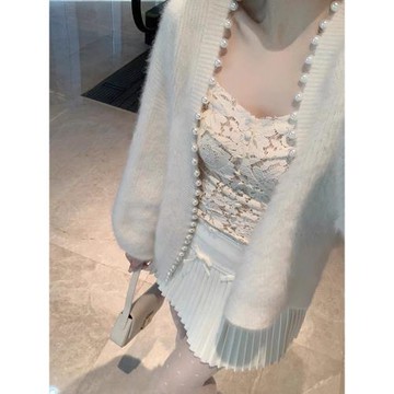 白色超好看釘珠小香風針織開衫毛衣女秋冬軟糯慵懶風洋氣時尚外套