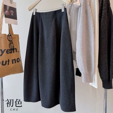 初色 純色簡約休閒寬鬆毛呢鬆緊高腰修身花苞裙中長裙長裙-共3色-17738(M-XL可選)
