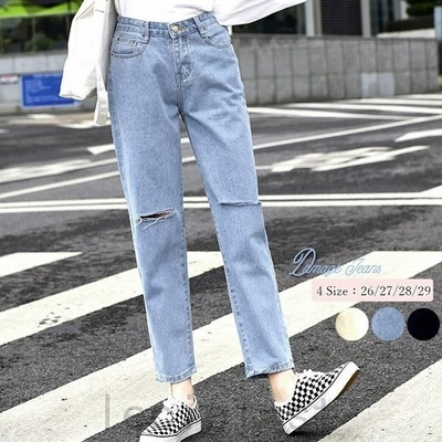 ダメージ ジーンズ レディース ストレート ボーイフレンドデニム アンクル丈 クラッシュ デニムパンツ 9分丈 通販 Lineポイント最大get Lineショッピング