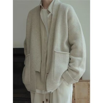 燕麥色高級感疊領綁帶毛衣男外套新中式綁帶道袍慵懶純色針織開衫