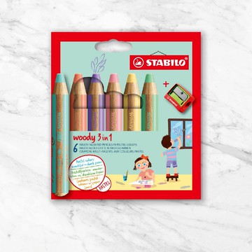 【stabilo】woody 3 in 1可水洗水彩粉臘筆馬卡龍6色紙盒組(原廠)