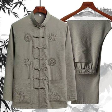 摩登秀🔥中老年唐裝男套裝 春秋夏長袖太極服漢服 爸爸裝 新中式中國風立領休閒套裝 爺爺裝 唐裝男中國風男裝老年衣服70