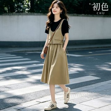 初色 簡約風假兩件綁帶雙口袋吊帶圓領短袖中長裙連衣裙連身洋裝長裙-卡其色-52674(M-3XL可選)