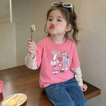 【台灣出貨】兒童袖子t恤純棉春秋2025新款女童可愛卡通印花假兩件中小童上衣洋氣百搭袖子上衣T恤假兩件兒童打底衫