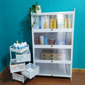 ??快速出貨?? 公司貨 帶收納柜翻蓋式新款廚房置物架落地多層碗柜微波爐儲物架小櫥柜