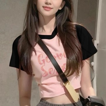 胖胖美依 短袖T卹 上衣 短版上衣 印花上衣 小衫 S-XL新款撞色插肩設計感小眾修身顯瘦露臍辣妹純欲風上衣-4311.