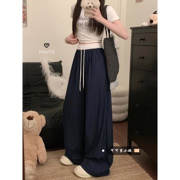 抽繩撞色拼接闊腿休閑褲2025秋季新款高腰顯瘦寬松拖地長褲女ins