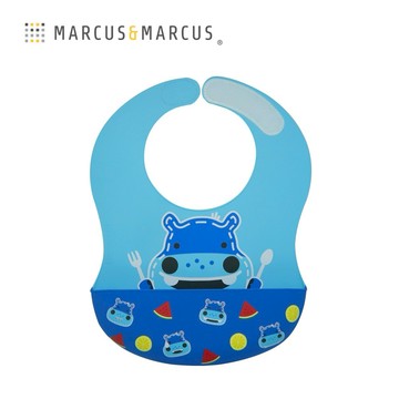 【MARCUS&MARCUS】動物樂園大口袋寬版矽膠立體圍兜(河馬)