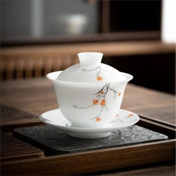 德化冰種玉瓷手繪柿子三才蓋碗茶杯白瓷家用功夫手工上釉茶具套裝