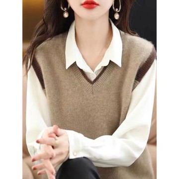 春秋季寬松套頭打底羊毛衫新款V領馬甲拼色百搭針織羊絨毛衣背心