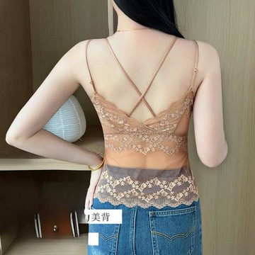 大碼胖mm蕾絲內衣吊帶背心女性感內搭美背帶胸墊后背鏤空無袖上衣