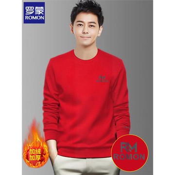 羅蒙紅色圓領長袖衛衣男秋冬季2025新款加絨加厚寬松休閑上衣外套