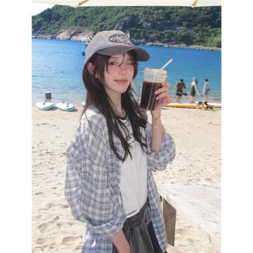 韓系藍色格子襯衫外套女夏季新款慵懶風氣質薄款防曬襯衣棉麻上衣