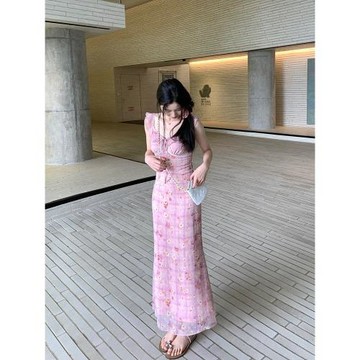 (免運)YOKLASS 「海邊度假」粉色碎花吊帶連衣裙夏季氣質絕美法式長裙子