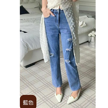 抓破寬版直筒牛仔褲(M-3L)   【B370322】