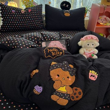 ✨元氣上新✨甜酷少女卡通波點貓咪毛巾繡四件套泡芙紗學生宿舍被套牀單三件套KAXS