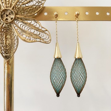 法國手工尼龍花苞耳環_湖水綠