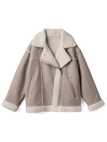 日本 GRL - 羊羔絨拼接甜酷寬版騎士外套-淺卡其 (F)