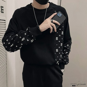✨限時惠購⚡ 大學t 男 套頭衛衣  外套 男 破洞 拚接 長袖 休閒 寬鬆 圓領 秋季 青年 格紋 外套男