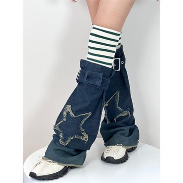 BON 美式復古街頭毛邊星星牛仔襪套賽博朋克穿搭甜酷辣妹腿套女