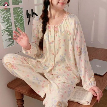 自帶胸墊睡衣 圓領宿舍學生開衫女秋季新款雲朵棉長袖長褲帶胸墊睡衣家居服套裝睡衣女 寬鬆舒適 長袖睡衣套裝 大碼睡衣