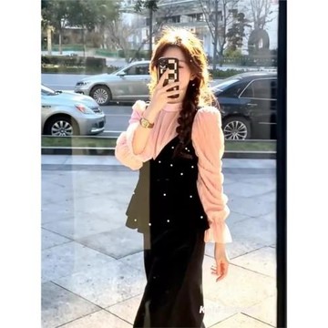 千金感紅色波點吊帶背心女秋冬內搭襯衫兩件套疊穿娃娃衫長袖上衣