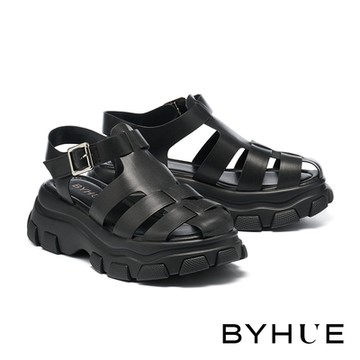 涼鞋 BYHUE 簡約質感魚骨編織軟芯老爹厚底涼鞋－黑