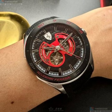FERRARI 法拉利男錶 46mm 黑圓形精鋼錶殼 黑色鏤空, 中三針顯示, 運動錶面款 FE00108