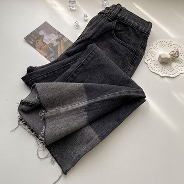 黑灰色高腰牛仔褲女新款冬季褲子設計感小眾ins潮高街長褲