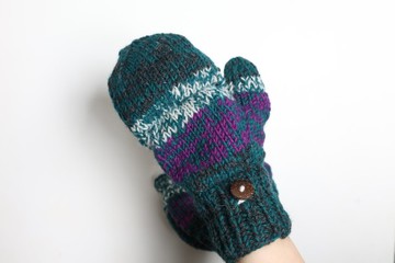 綠紫雜線條紋翻蓋手套絢彩配色純羊毛線手工編織搖粒絨全內襯保暖