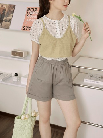高含棉釦飾設計腰鬆緊純色短褲