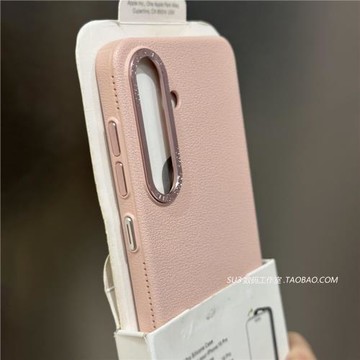 櫻花粉色荔枝紋顆粒手感硬殼適用三星S25ultra手機殼S24+仿皮紋S24ultra大孔淺粉色高級素皮純色全包金屬鏡頭