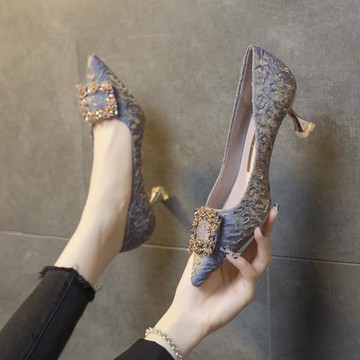 2025新款秋冬細跟藍色設計感氣質名媛高跟鞋女小眾低跟媽媽鞋黑色