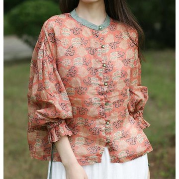 春秋季原創復古文藝新國潮撞色寬松襯衫新中式國風喇叭袖苧麻開衫