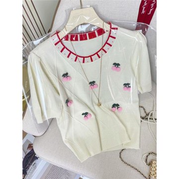 2023夏季新款甜美立體小香風休閑上衣復古百搭冰絲針織短袖t恤女