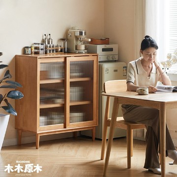 RICHOME 木木原木簡納餐邊櫃 收納櫃 長虹玻璃餐櫃 廚房邊櫃 餐具櫃 日系家具 多層收納櫃 Y520Q01