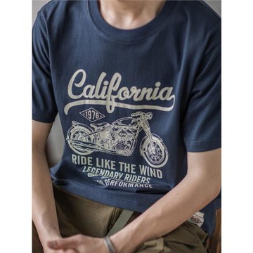 阿美咔嘰復古機車印花純棉T恤夏 美式圓領休閑vintage短袖打底衫