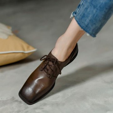 英倫小皮鞋女春秋復古軟皮軟底真皮媽媽鞋方頭深口系帶中跟單鞋女