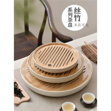 家用密胺茶盤圓形托盤竹紋小型功夫茶臺簡約茶海塑料排水式瀝水盤