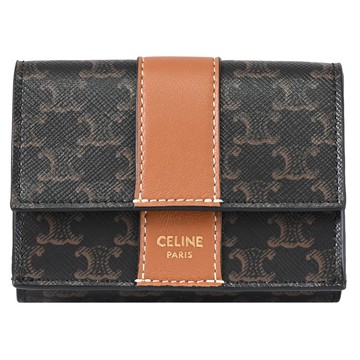 CELINE Triomphe Canvas 燙金LOGO印花扣式三折短夾.咖