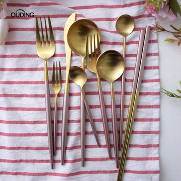 瑕疵清倉 櫻花粉金刀叉 牛排刀叉套裝家用叉子勺子不銹鋼西餐餐具