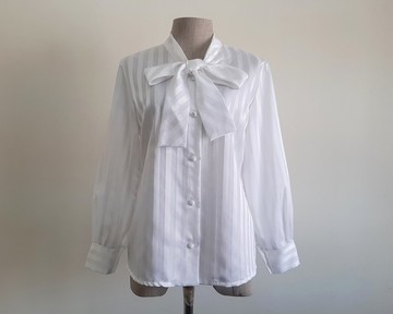 復古風綁帶領結襯衫 女款條紋紋理長袖上衣 S 碼