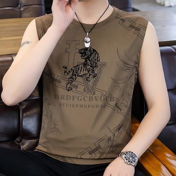 高檔男士冰絲提花背心2025夏季新款加肥加大碼速干男裝無袖T恤衫