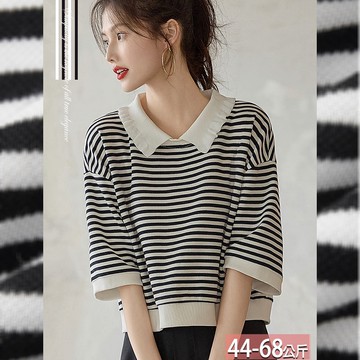 波浪娃娃領橫條紋落肩袖上衣 M-2XL【335302X】【現+預】☆流行前線☆