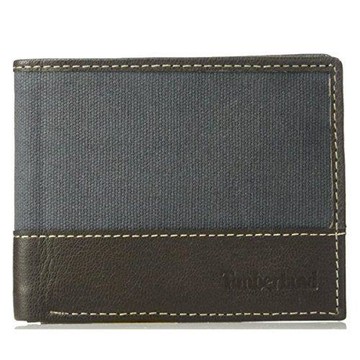 Timberland 2018男時尚深藍褐帆布皮革色塊雙折皮夾