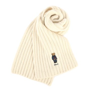 RALPH LAUREN POLO 丹寧小熊刺繡素面羅紋針織圍巾-米白色