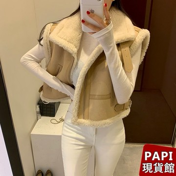 高領羊羔毛絨背心【6020】PAPI女裝批發價秋冬新款韓系INS休閒百搭氣質純欲拼接皮革高領背心外套 立領鋪棉背心 馬甲