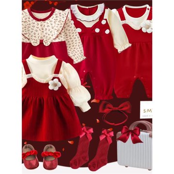 嬰兒禮盒小公主秋冬加絨加厚紅色喜慶滿月百天周歲寶寶送禮物禮包